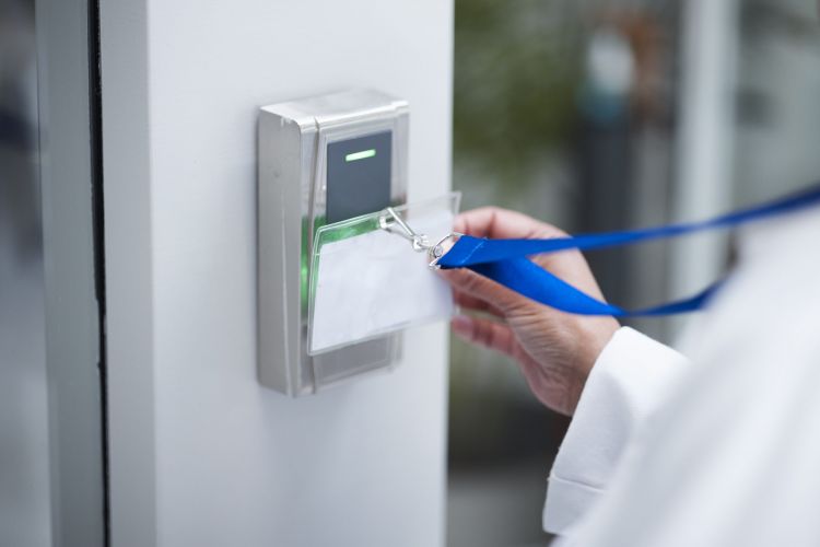 Türsysteme für Apotheken mit Hand, Key Card And Scan For Security Door, Entrance Or Access Control For Safety In Business Automatiktüren von LANGE